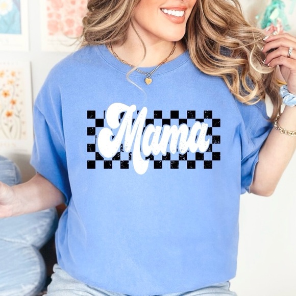 Mama Checkered comfort colors cotton tshirt in flo blue - Picture 1 of 2